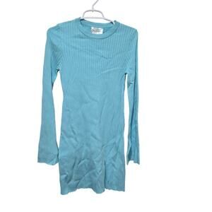Line & Dot Aqua Ribbed Long Sleeve Sweater Dress Lettuce Hem M